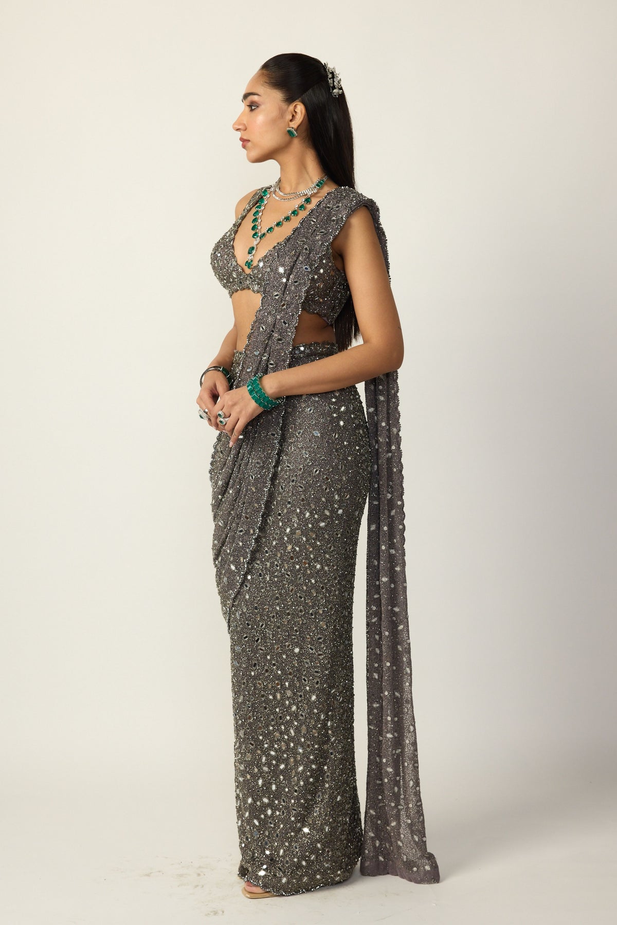 Metallic Grey Draped Saree Set