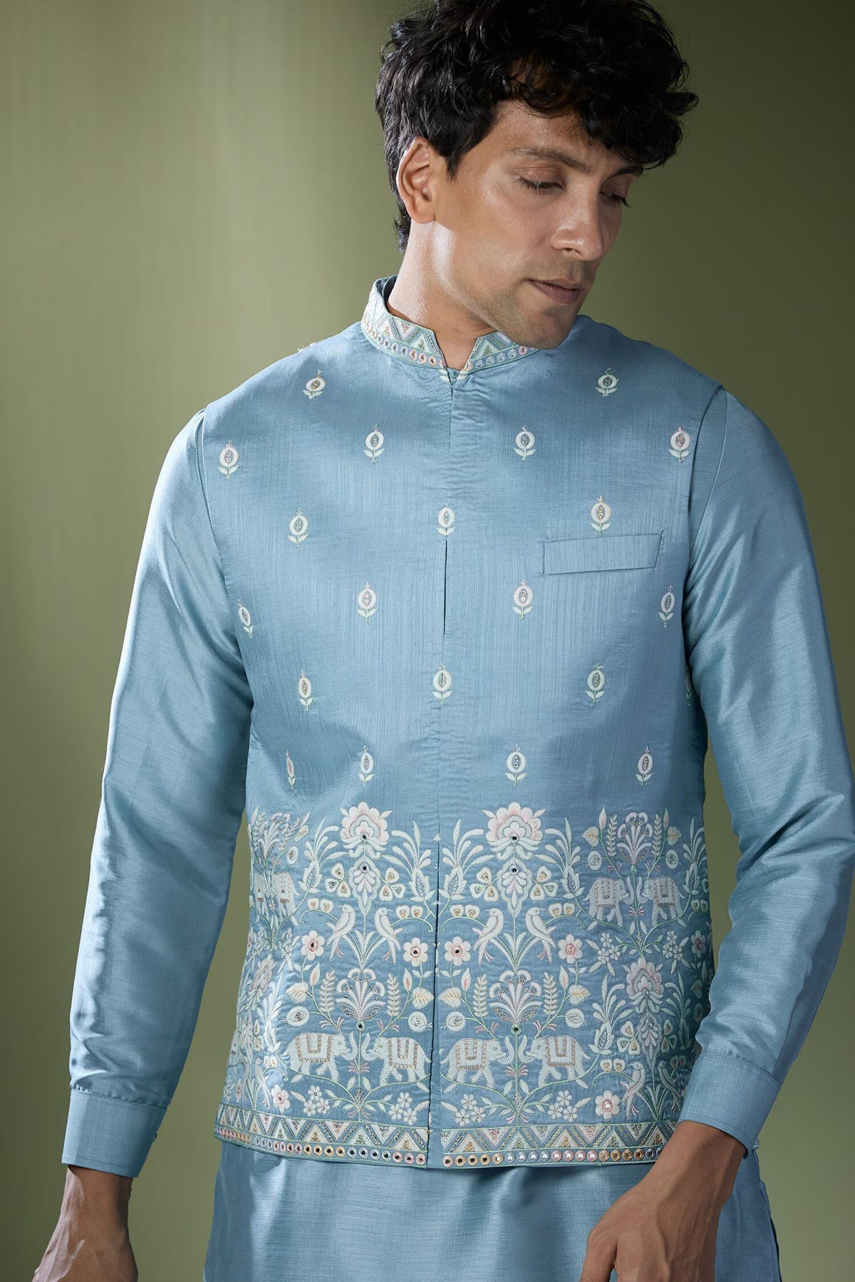 Blue Embroidered Nehru Jacket Set