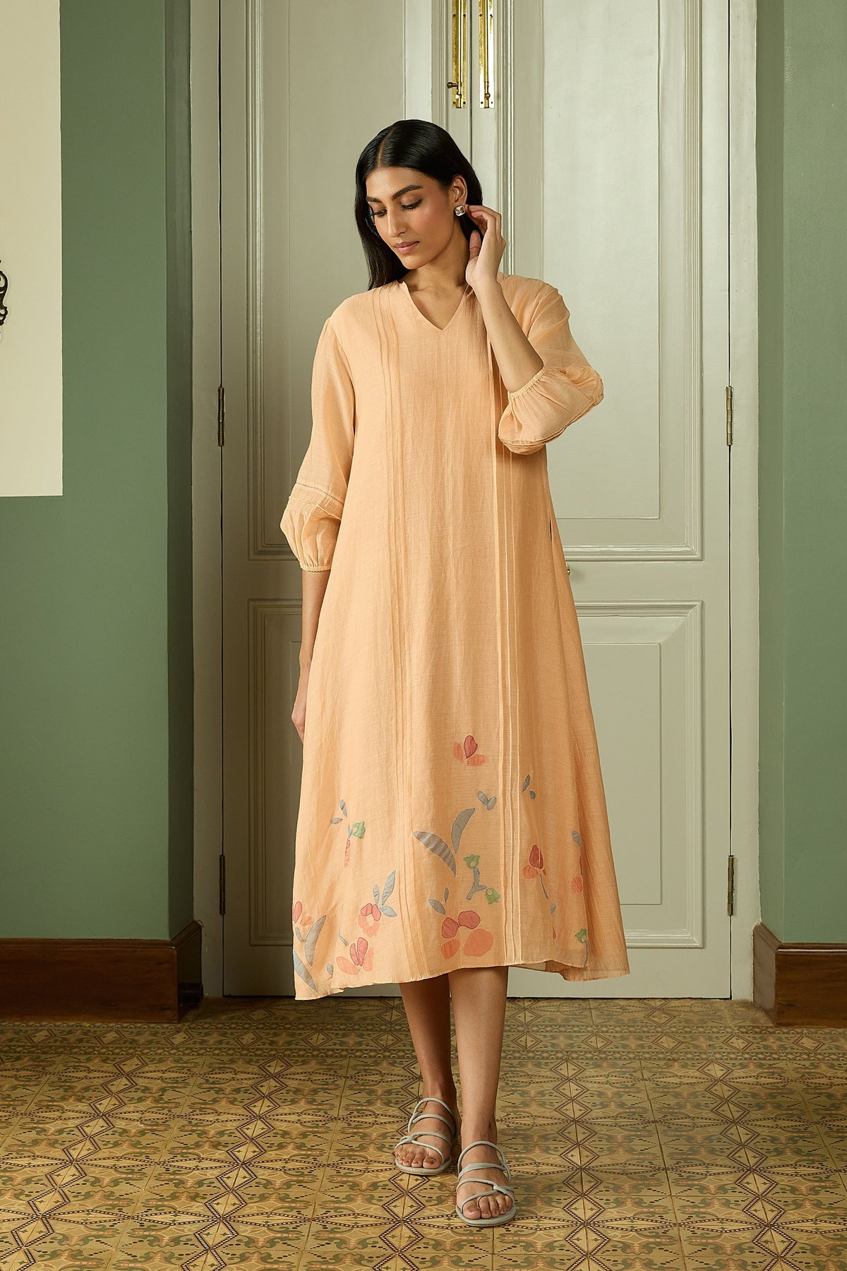 Peach Pintuck Applique Dress