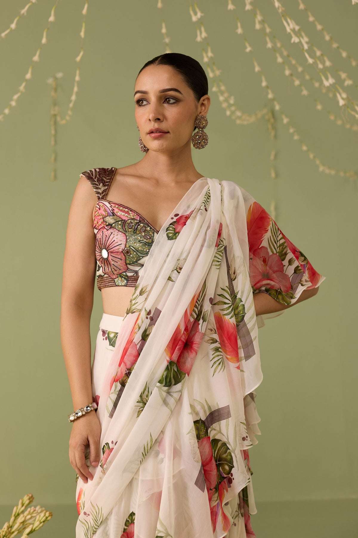 White Draped Saree Set