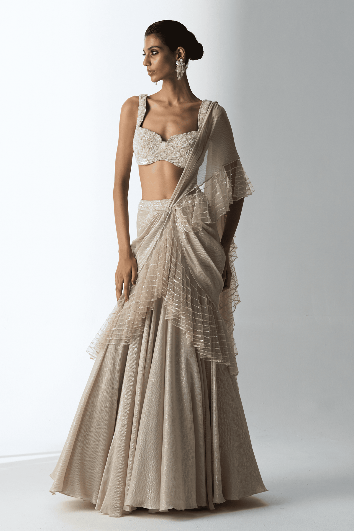 Pearl Ivory Island Frill Saree Set