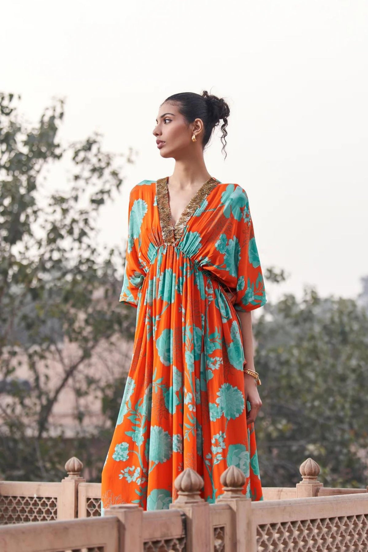 Orange Moroccan Neck Sequin Kaftan