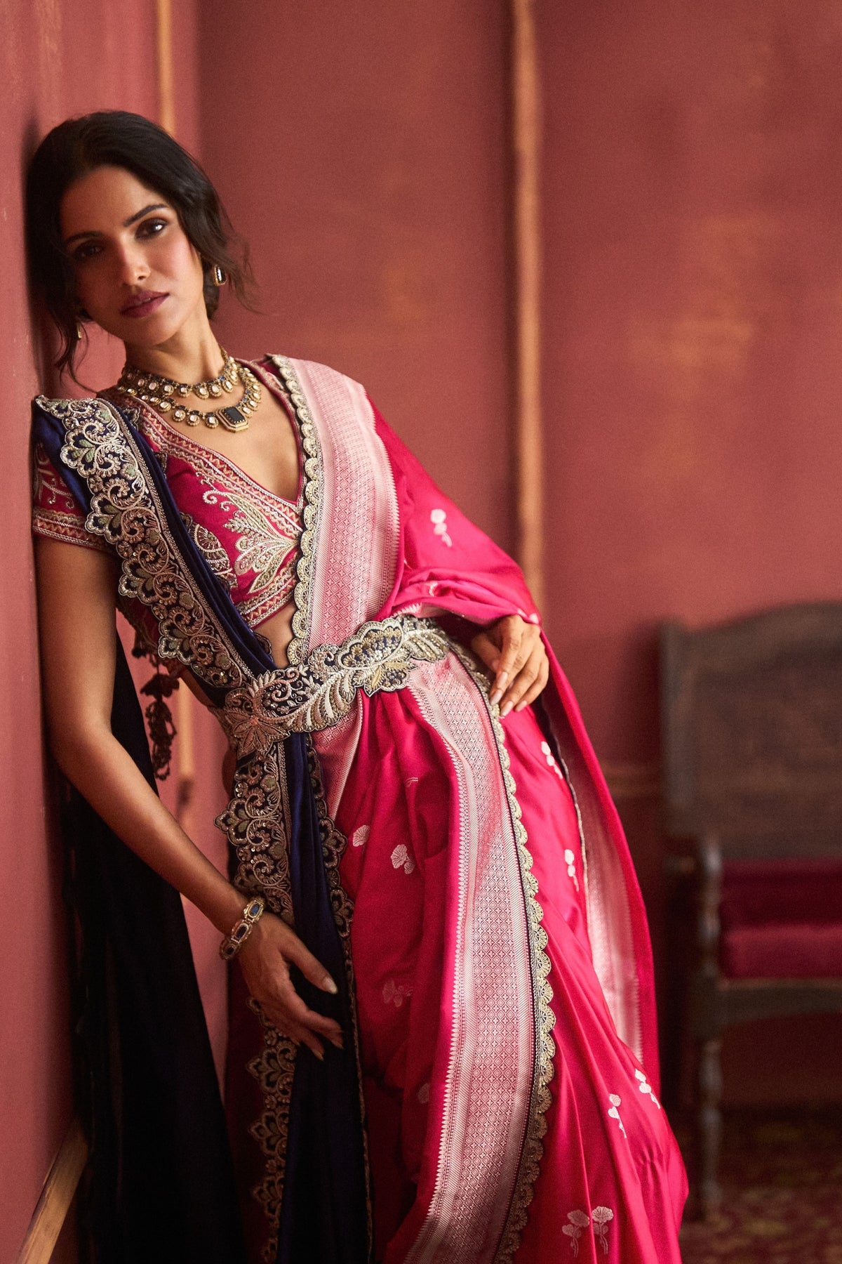 Banarasi Pink Embroidered Saree Set
