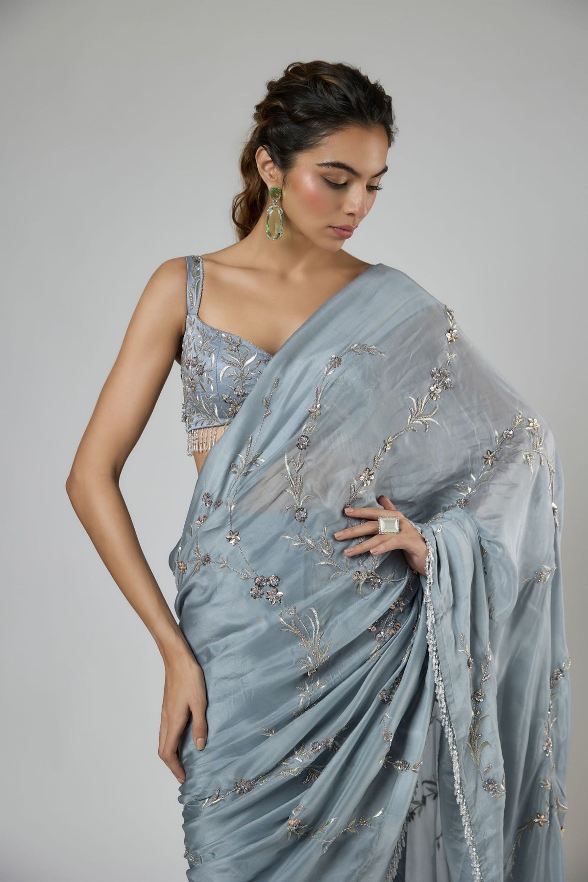 Periwinkle Floral Draped Saree Set