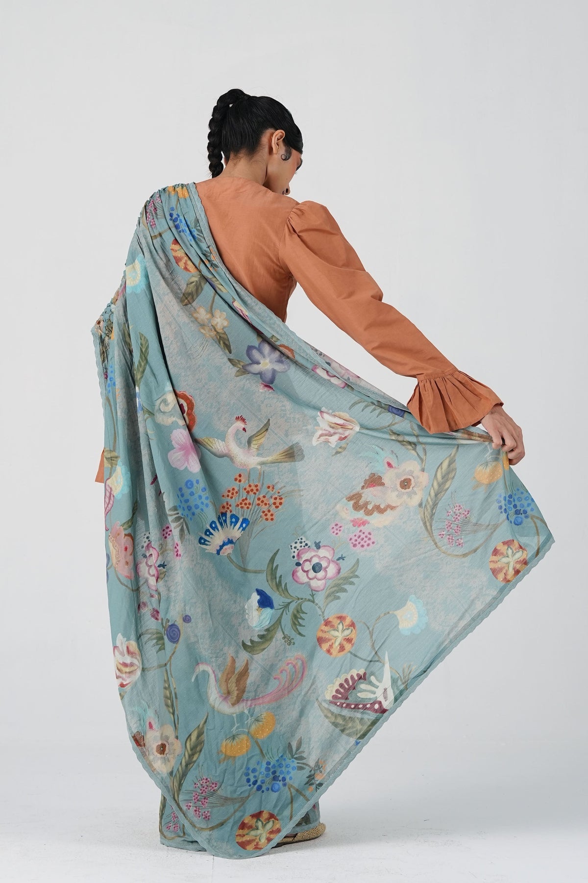 Smocked Blue Floral Saree
