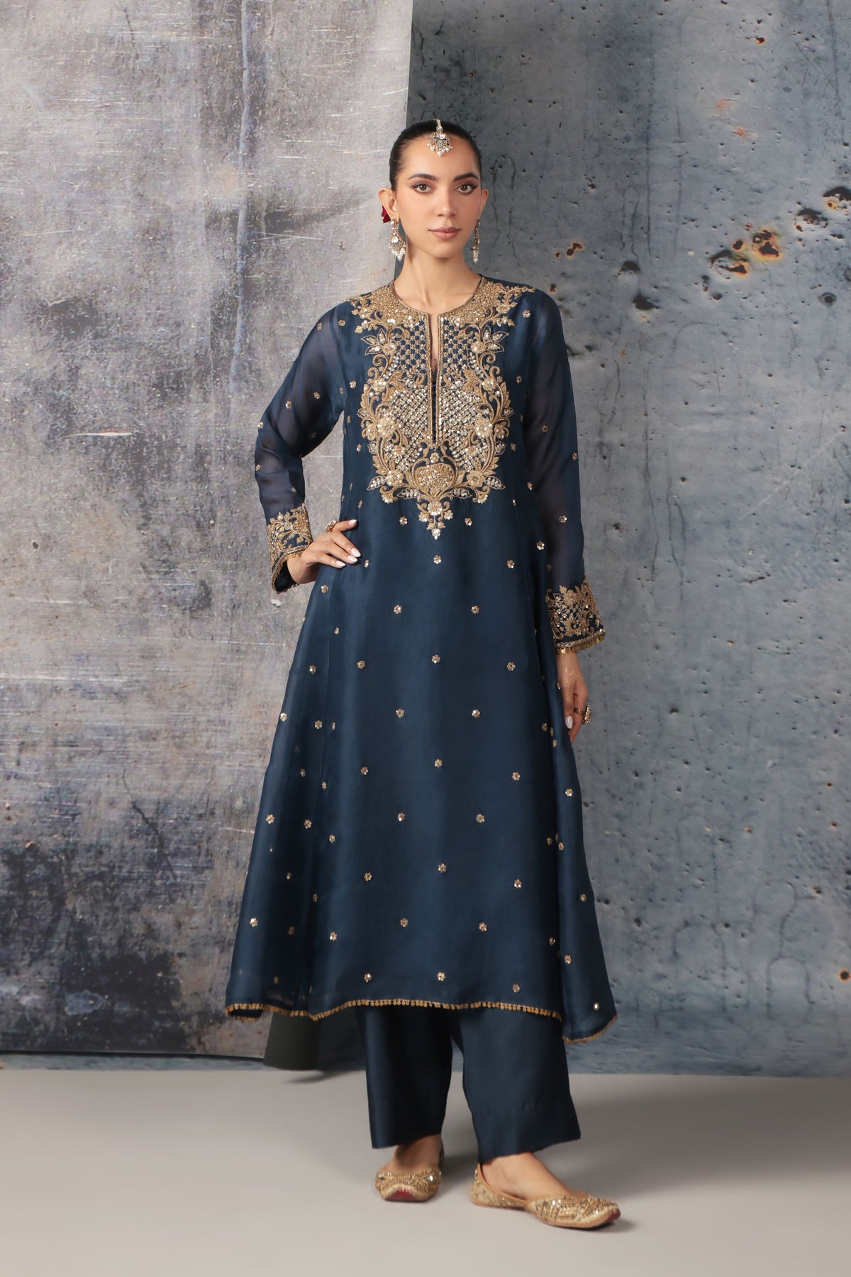 Blue Long Pheran Kurta Set