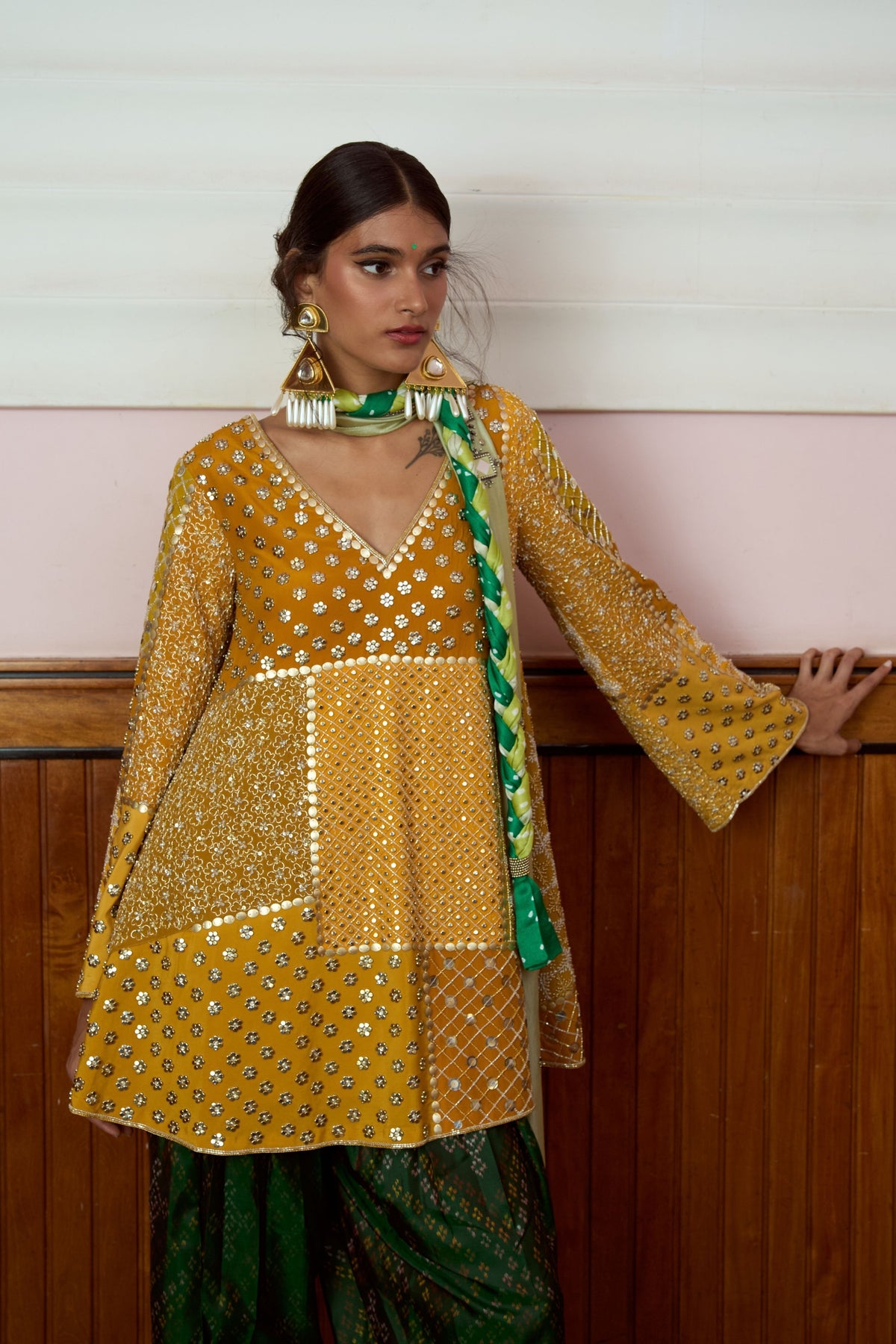 Zeenat Mustard Green Kurta Set