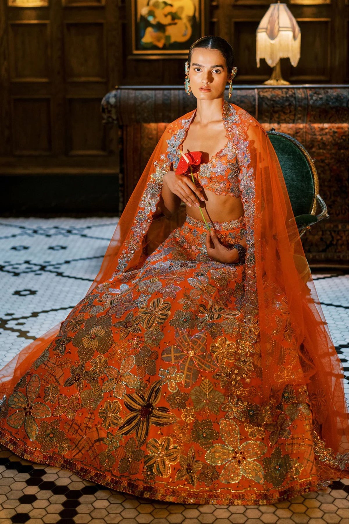 Cyanora Orange Lehenga Set