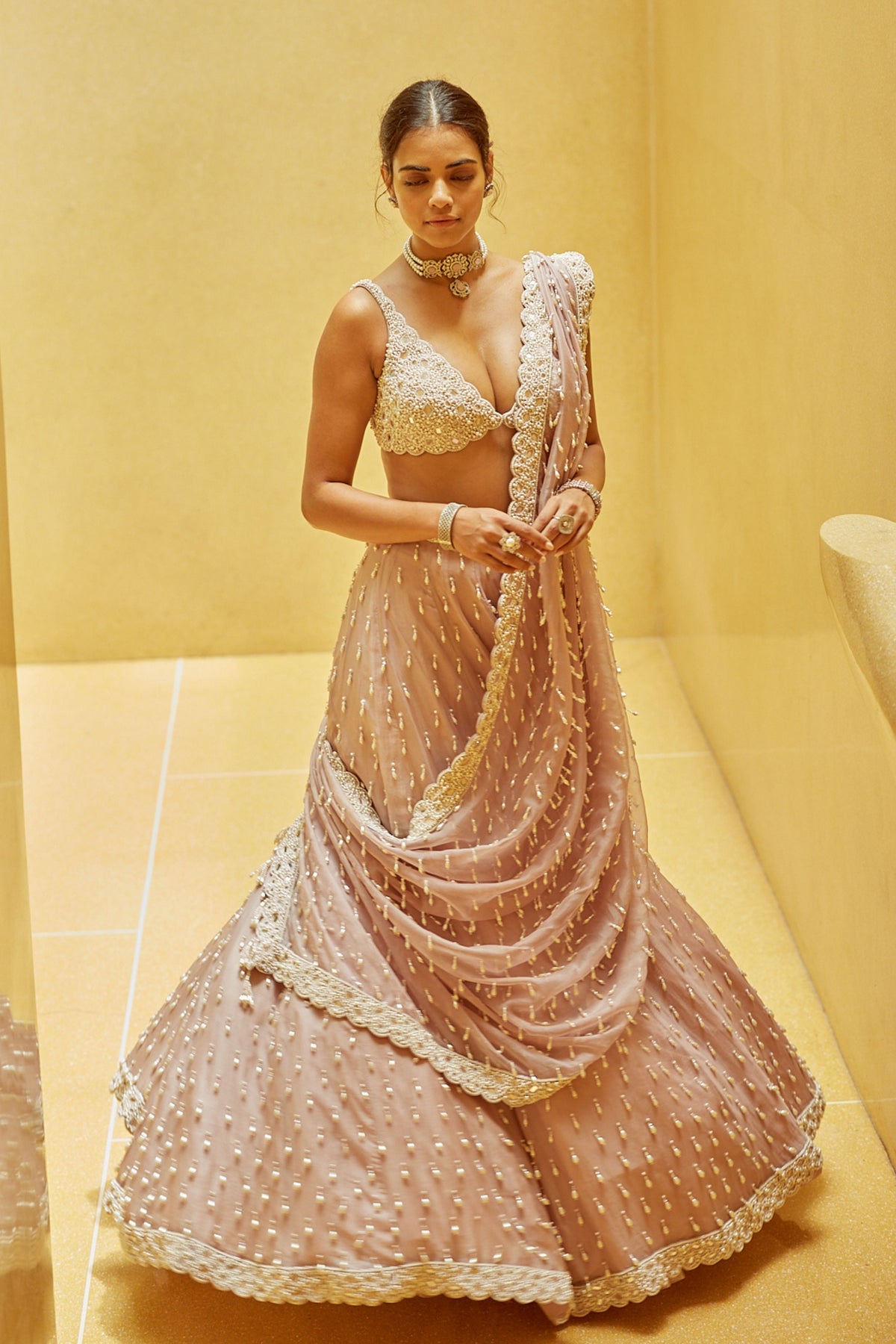 Ash Pink Pearl Drop Lehenga Set