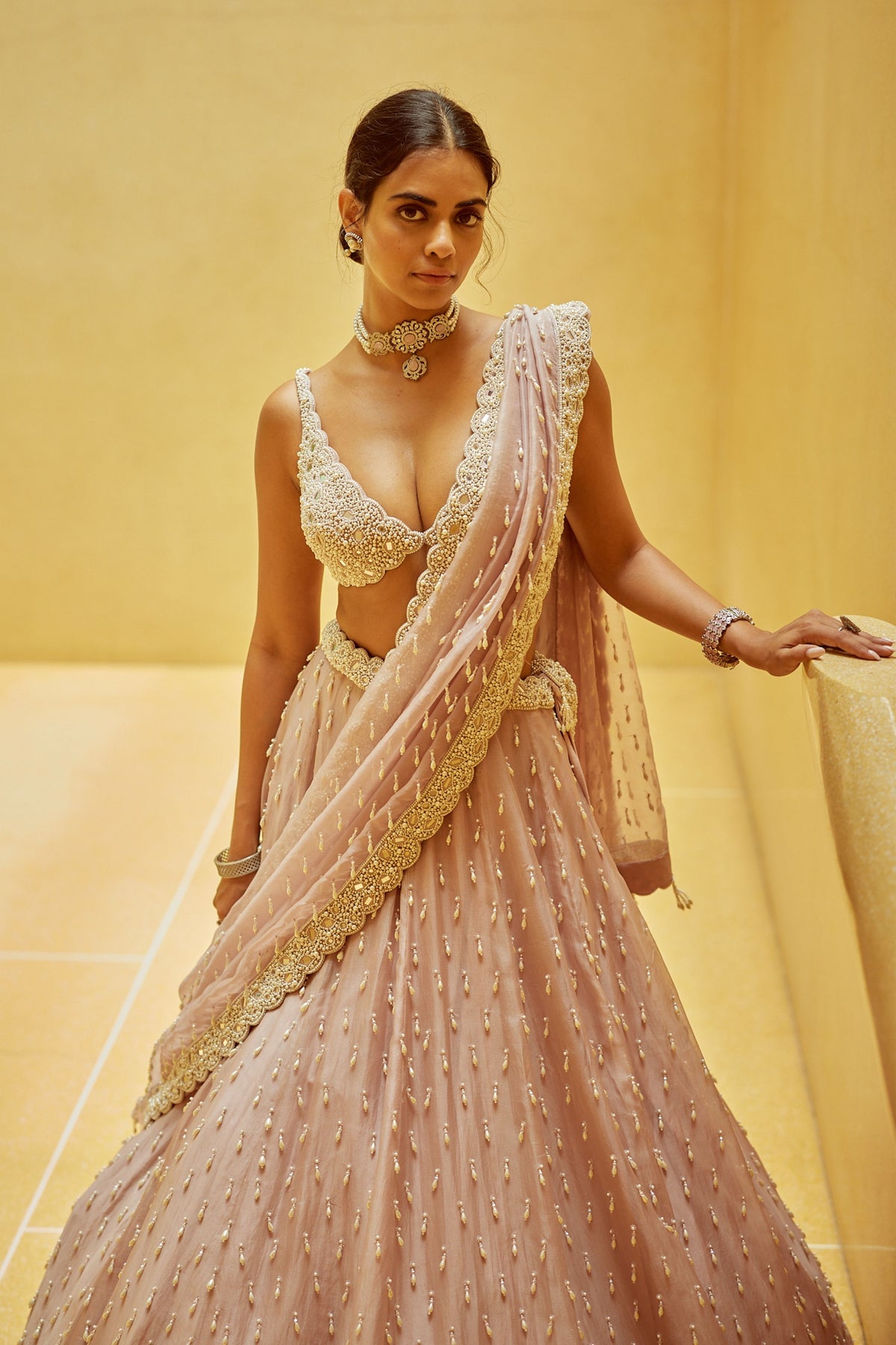 Ash Pink Pearl Drop Lehenga Set