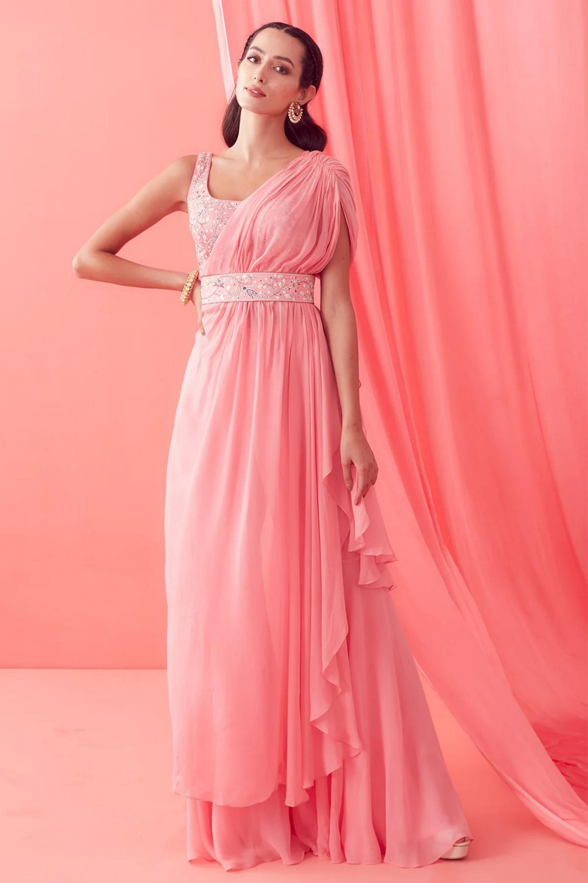 Soft pink draped pant saree