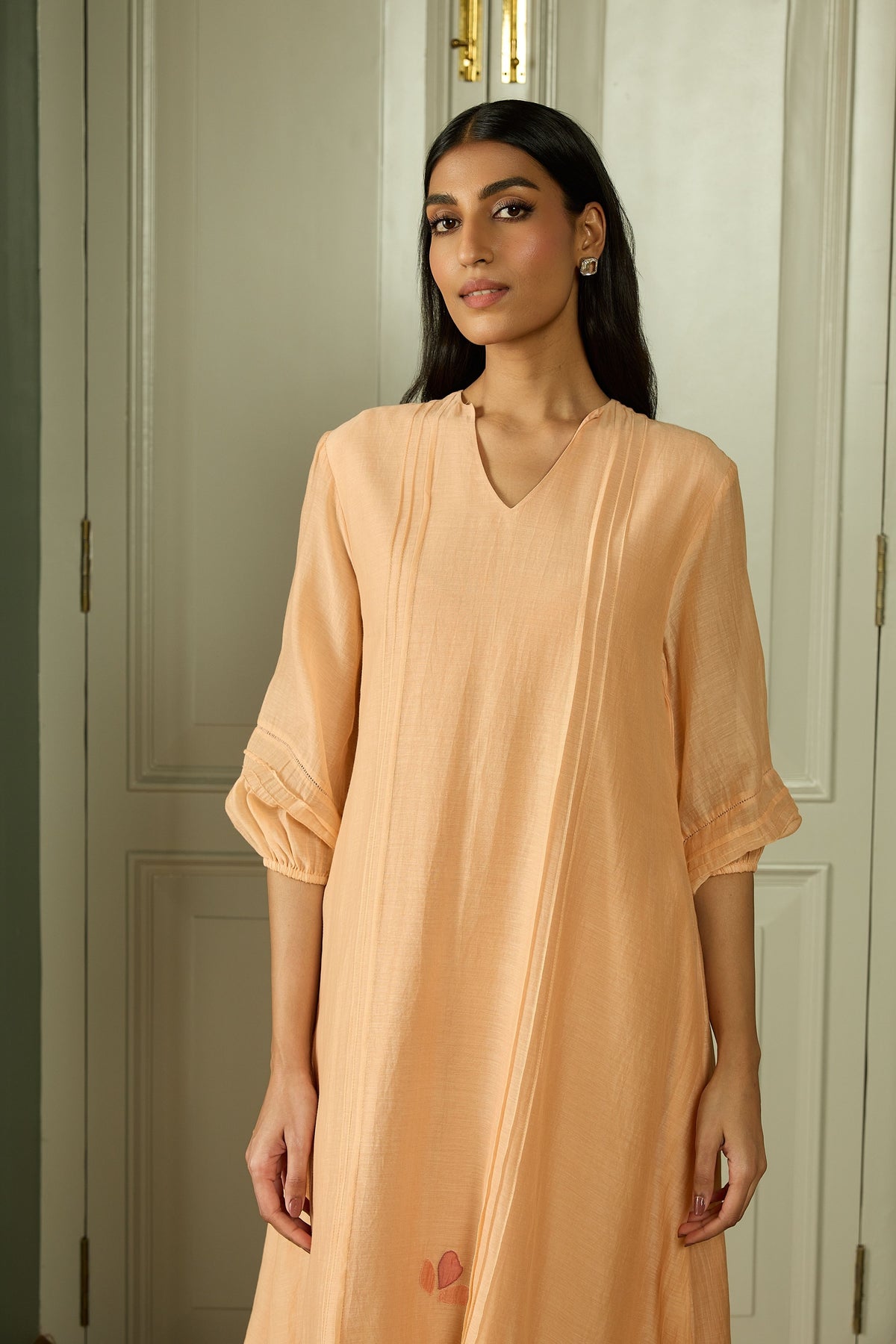 Peach Pintuck Applique Dress