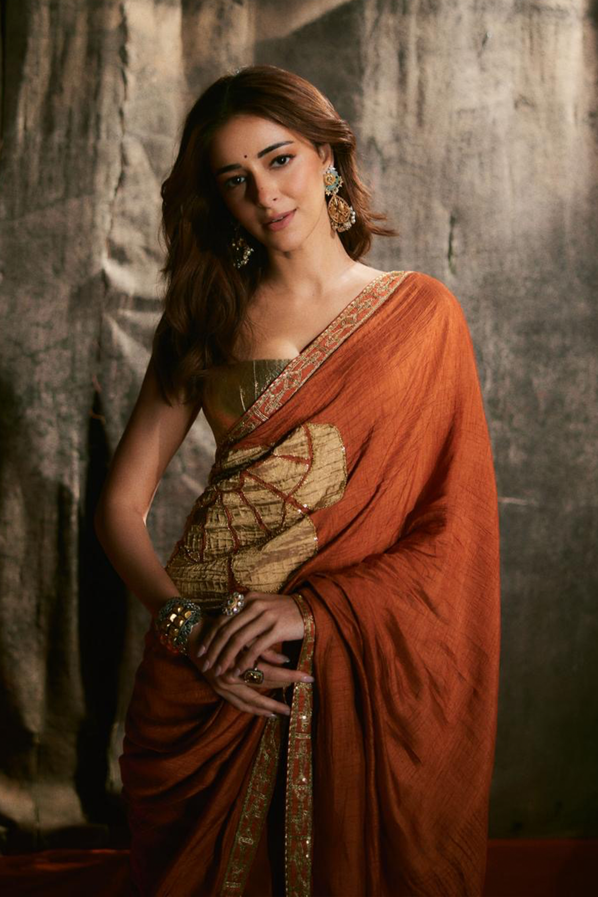 Ananya Panday in Rust Windrose Crushed Saree