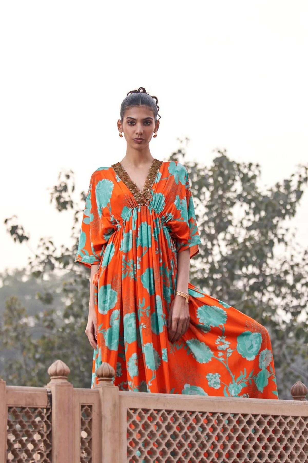Orange Moroccan Neck Sequin Kaftan