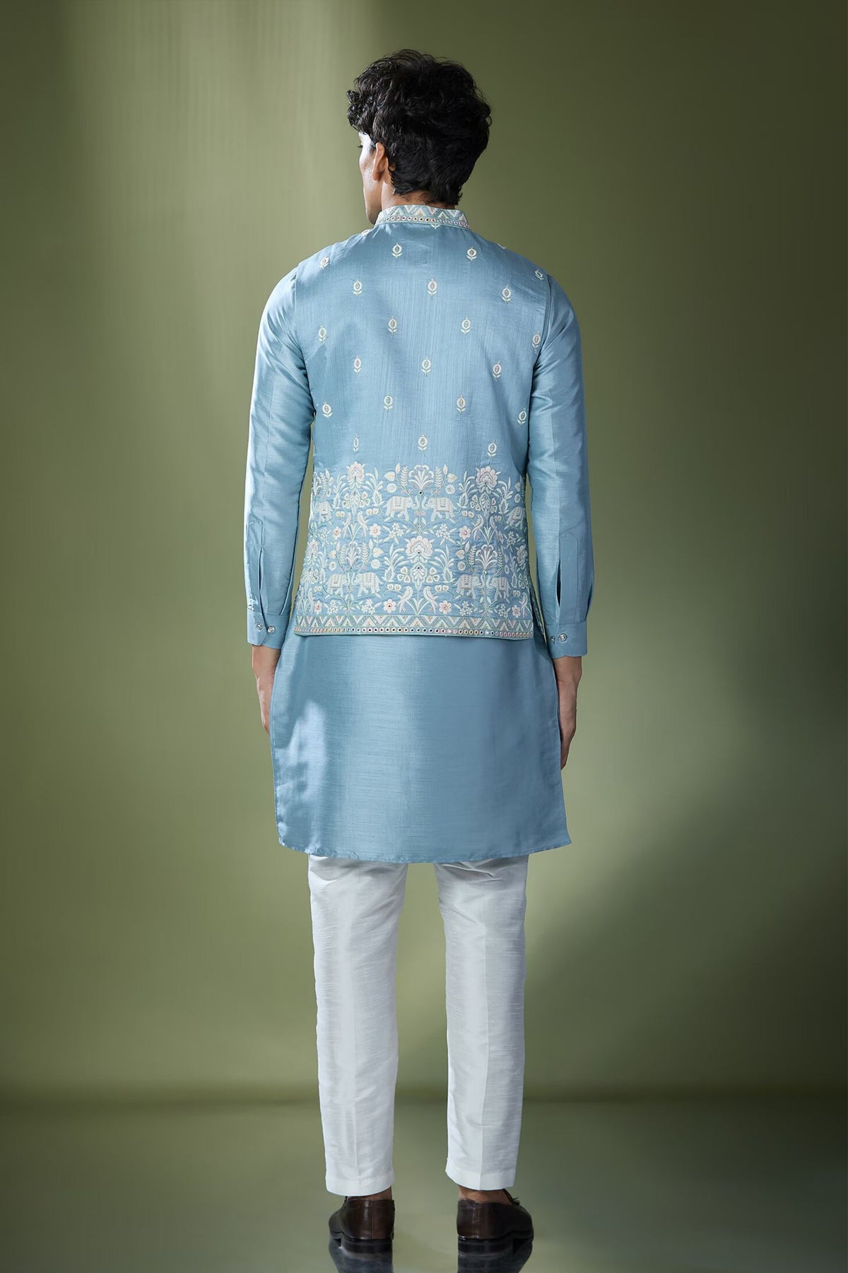 Blue Embroidered Nehru Jacket Set