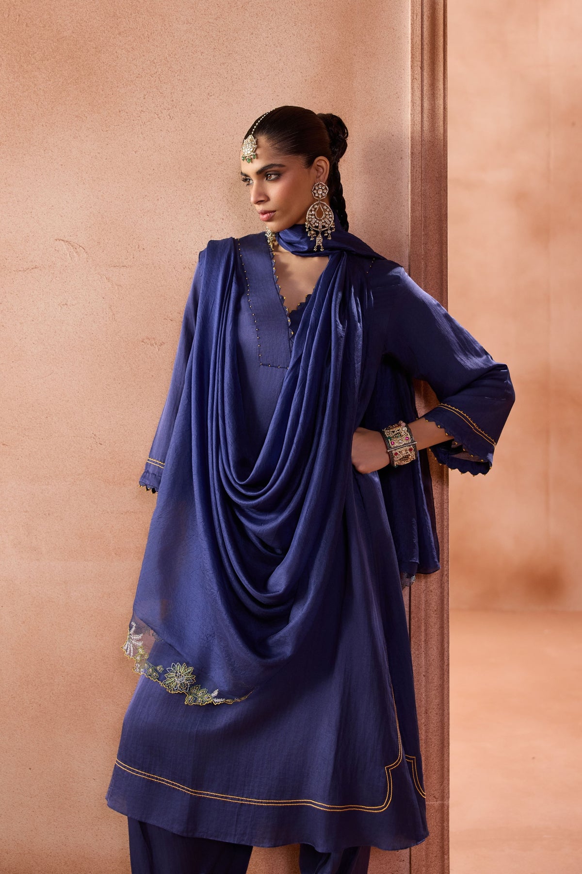 Navy Box Pleated Pants Kurta Set