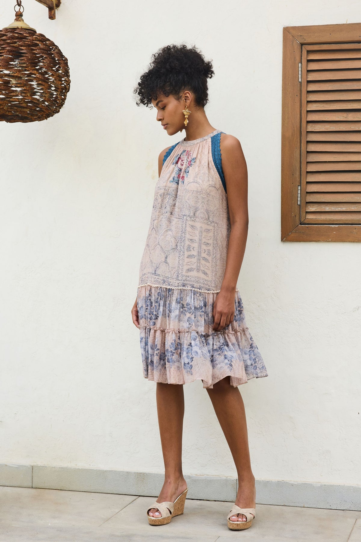 Ira Printed Embroidery 2 Tier Dress