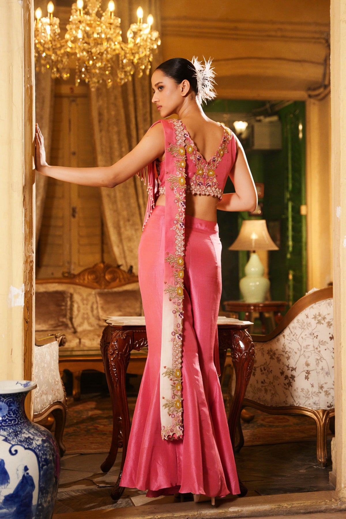 Hand Embroidered Tassel Drape Saree Set