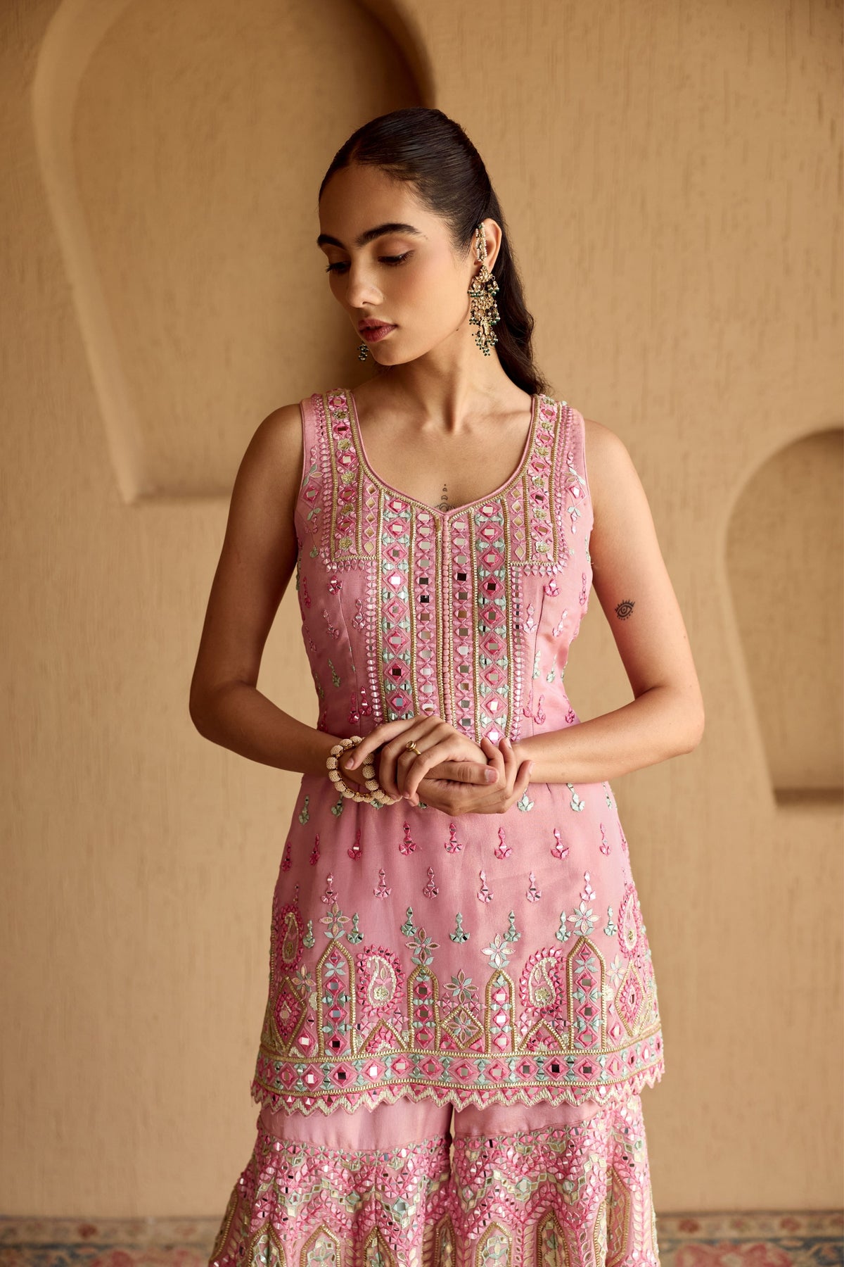 Pink Tisssue Kurta Garara Set