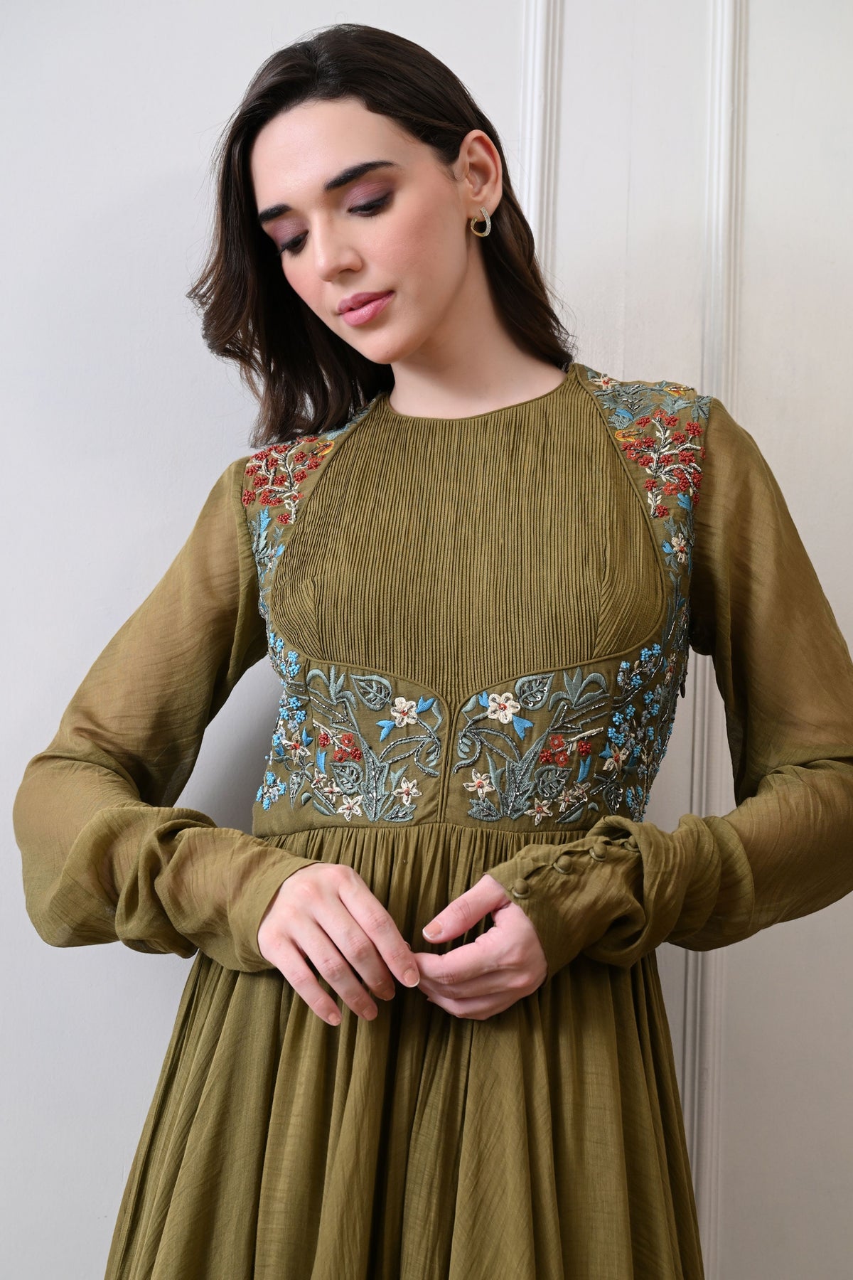 Olive Pintuck Bodice Embroidered Anarkali