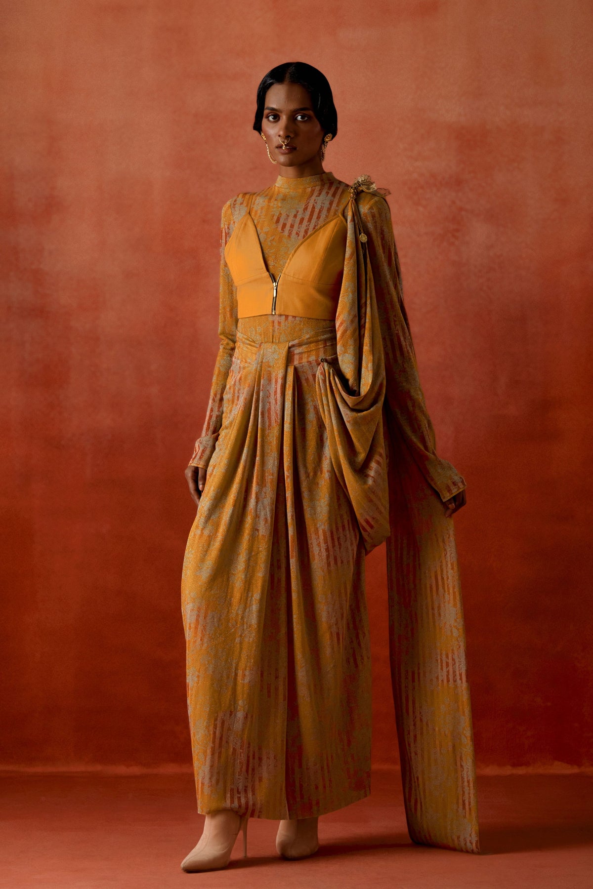 Gold Draped Sari Set