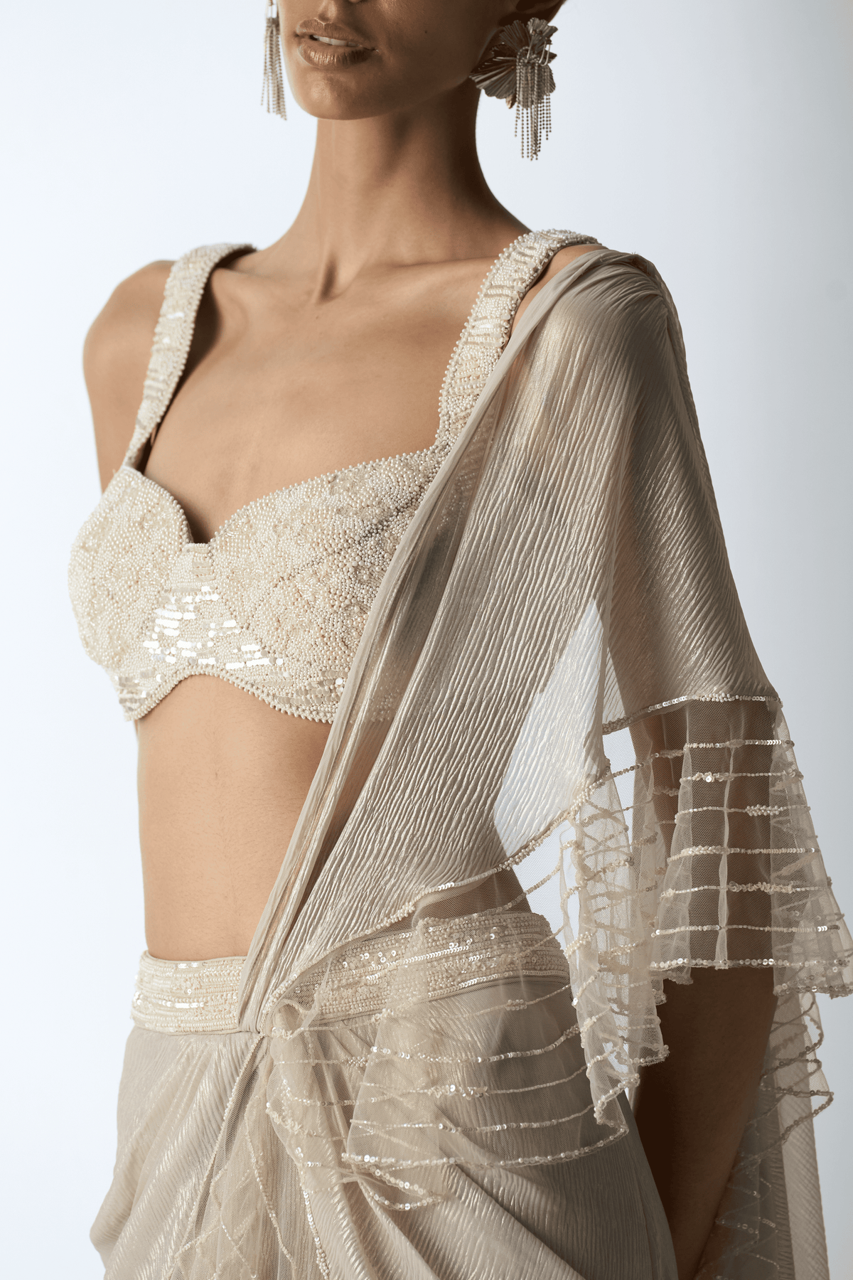 Pearl Ivory Island Frill Saree Set