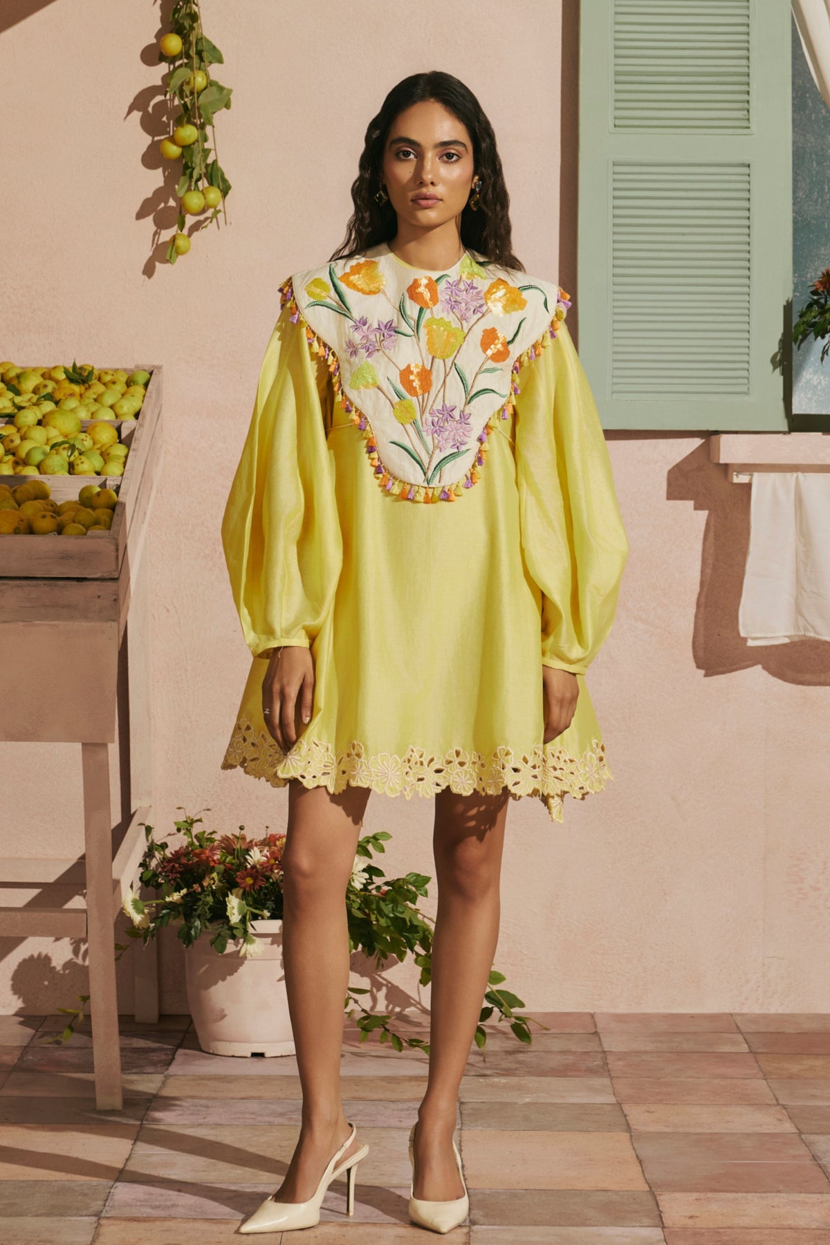 Butter Yellow Short Dress With Tulip Cape
