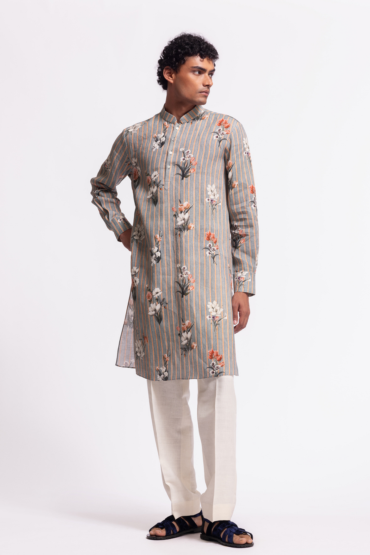 Floral Printed Linen Short Kurta