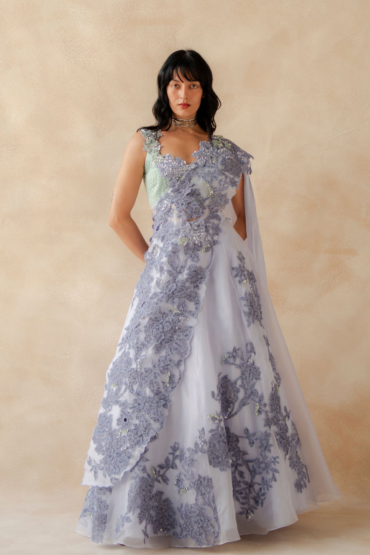 Lace Embroidered Blouse Lehenga Drape