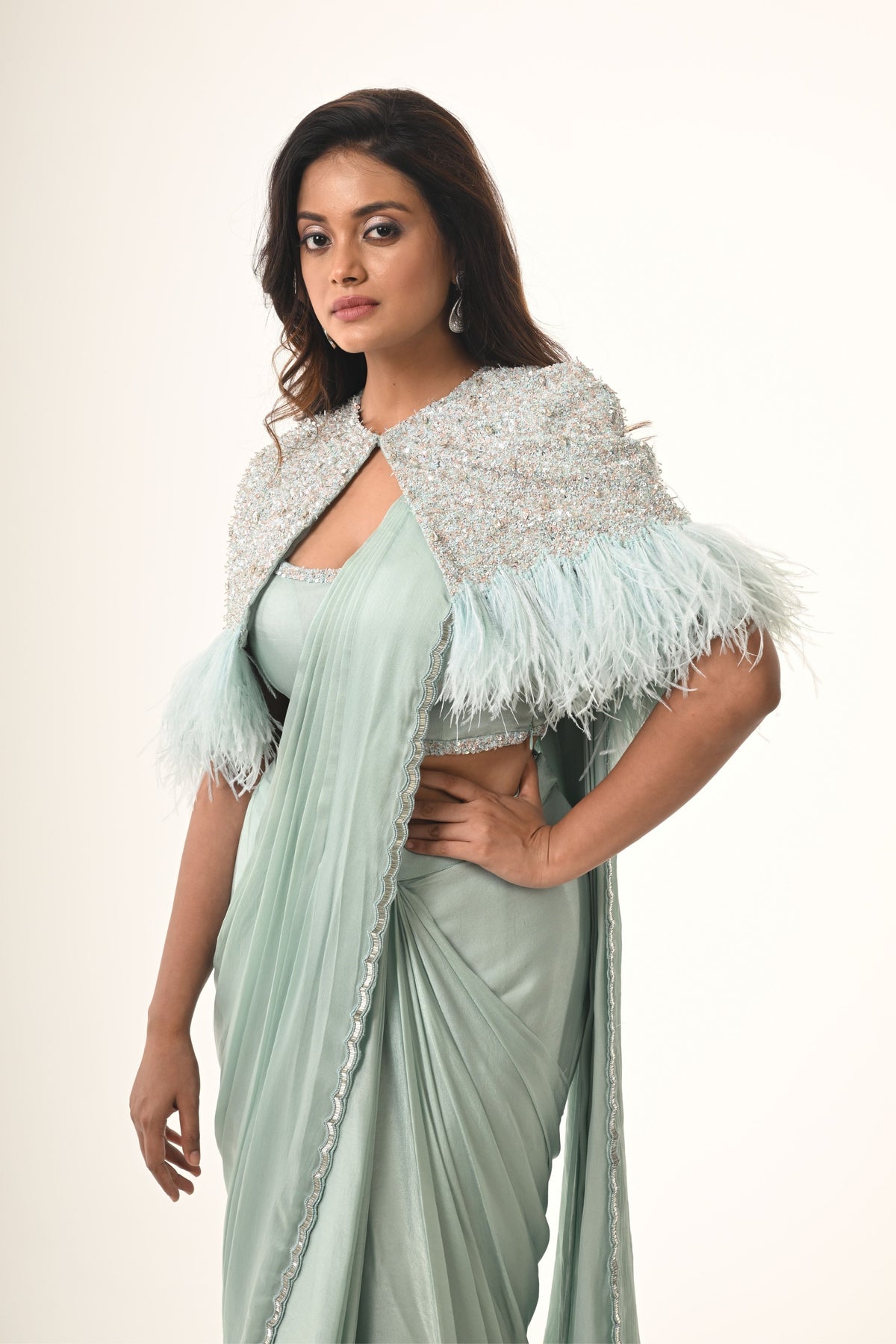 Ethereal Feather Cape Saree Set