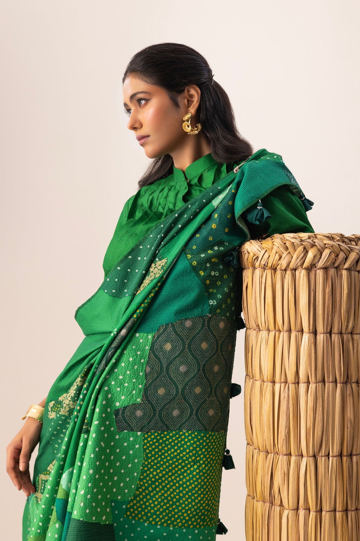Green Bandhani Patchwork Saree set