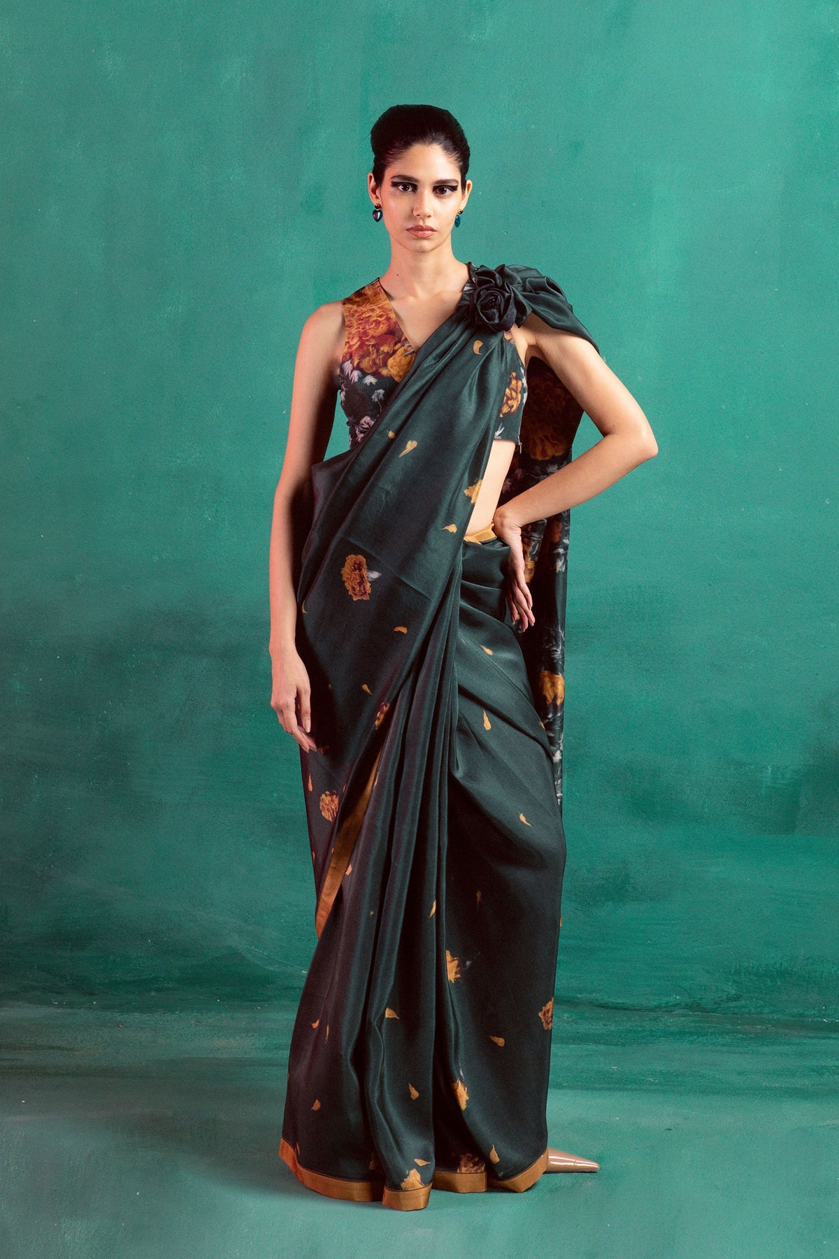 Bottle Green Printed Saree