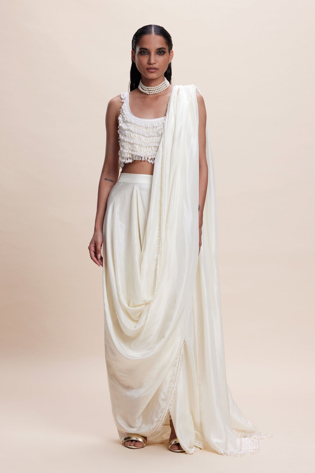 White Embellished Draped Saree Set