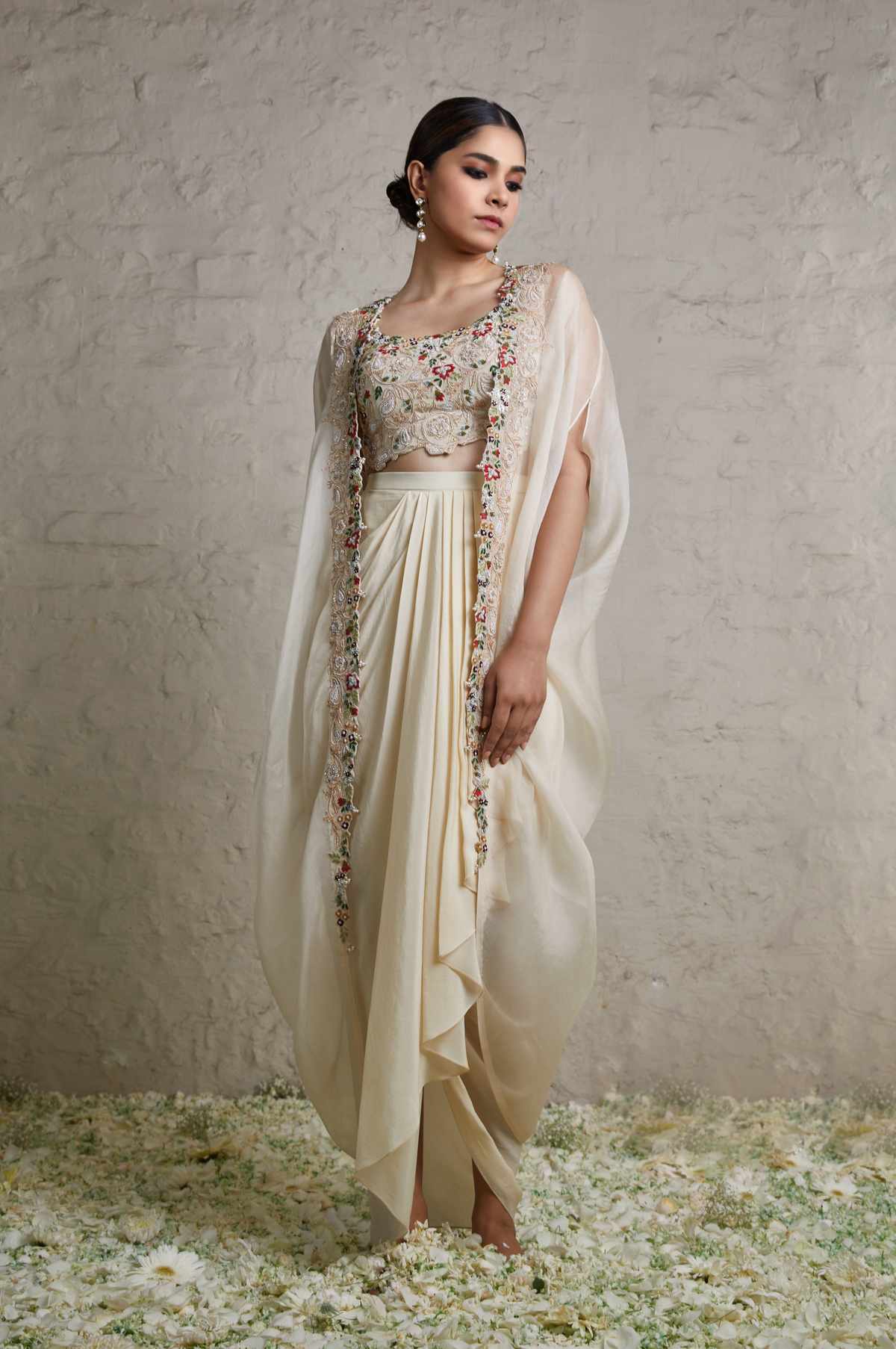 Silk Blouse With Crepe Dhoti and Oranza Cape