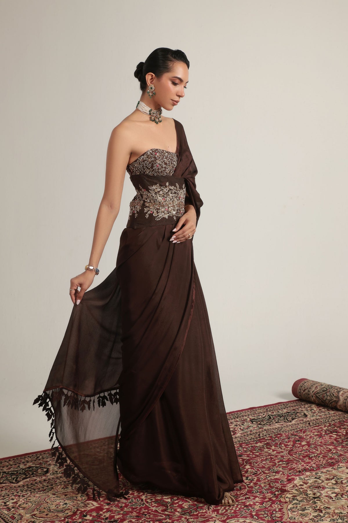 Brown Double Corset Saree Set
