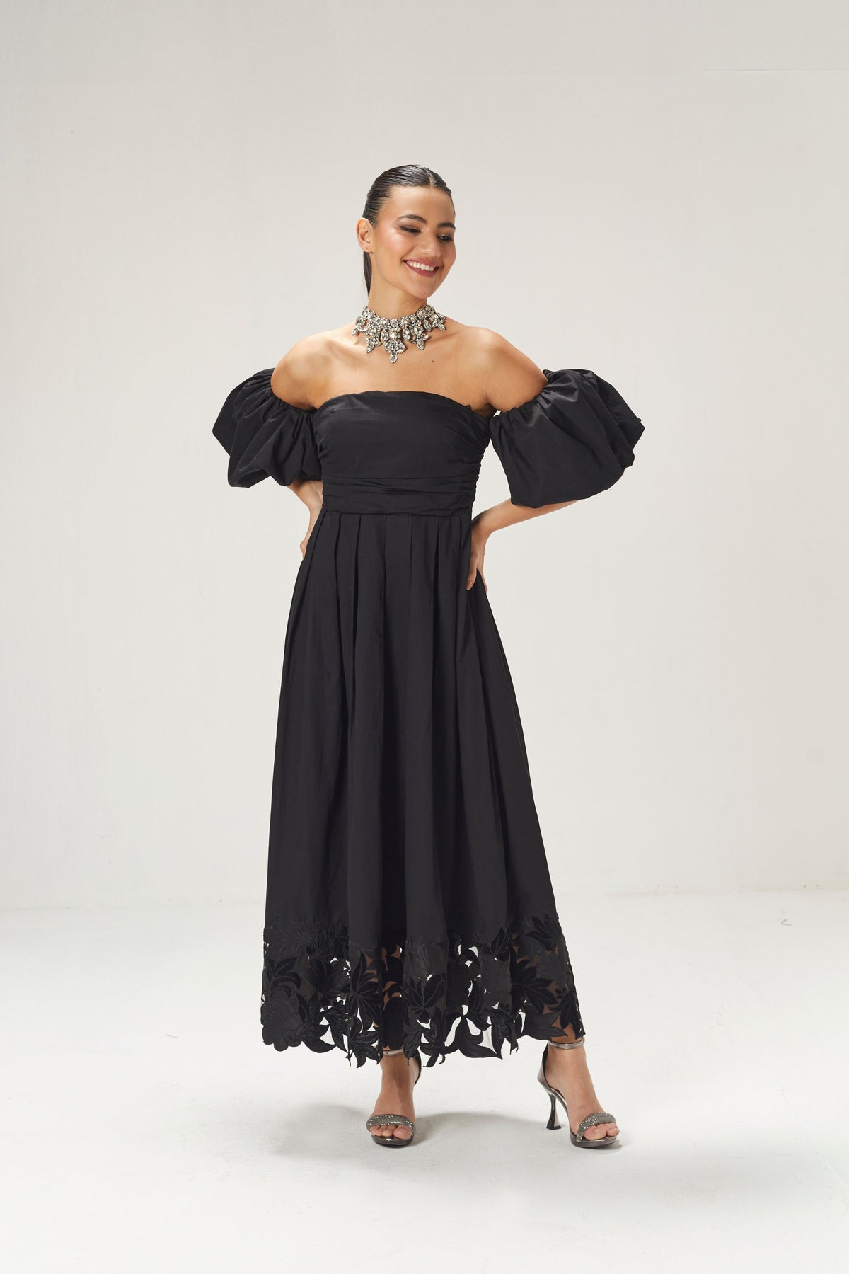 Black Cutwork Off Shoulder Dress