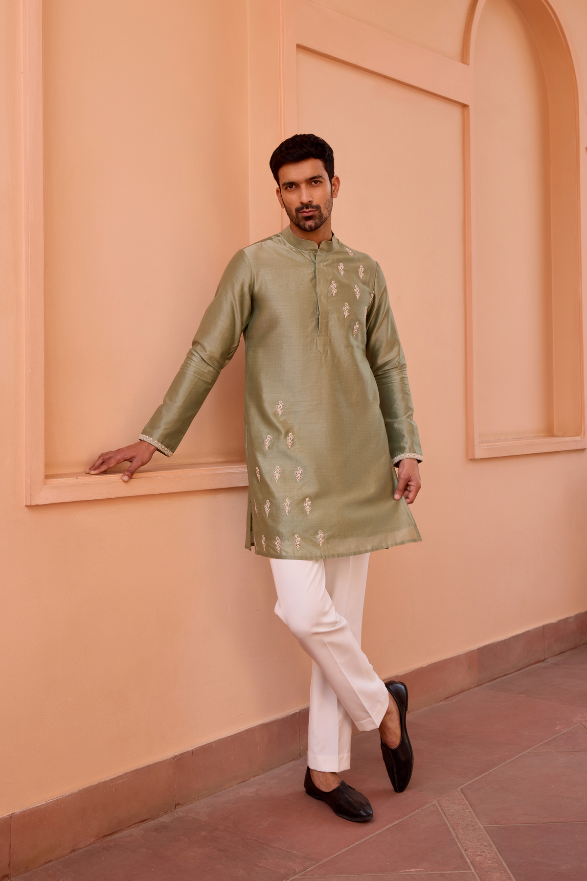 Sage green dori and hand embroidered kurta set