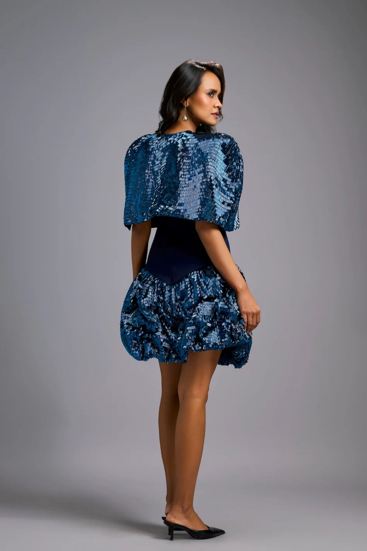 Shimmer Embroidered Navy Cape Dress
