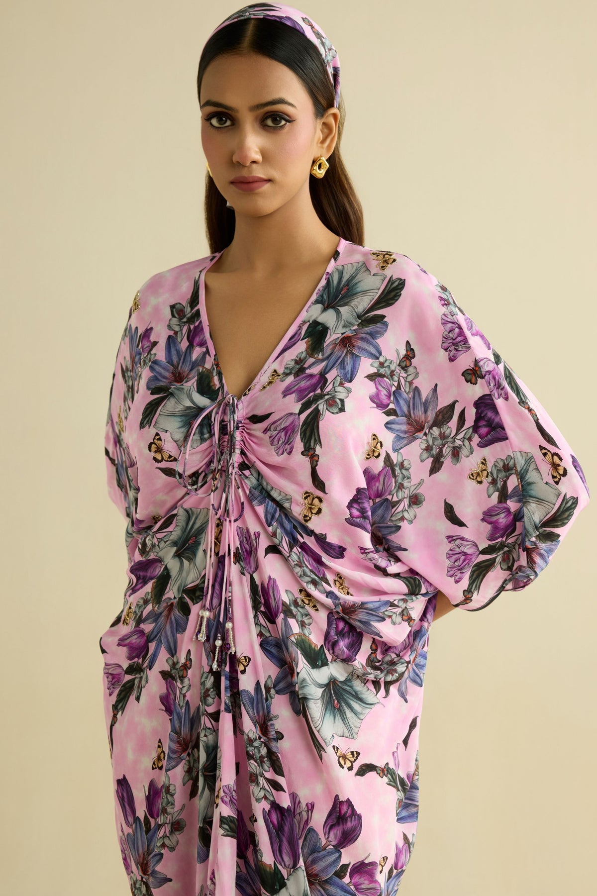 Pink Embroidered Printed Kaftan