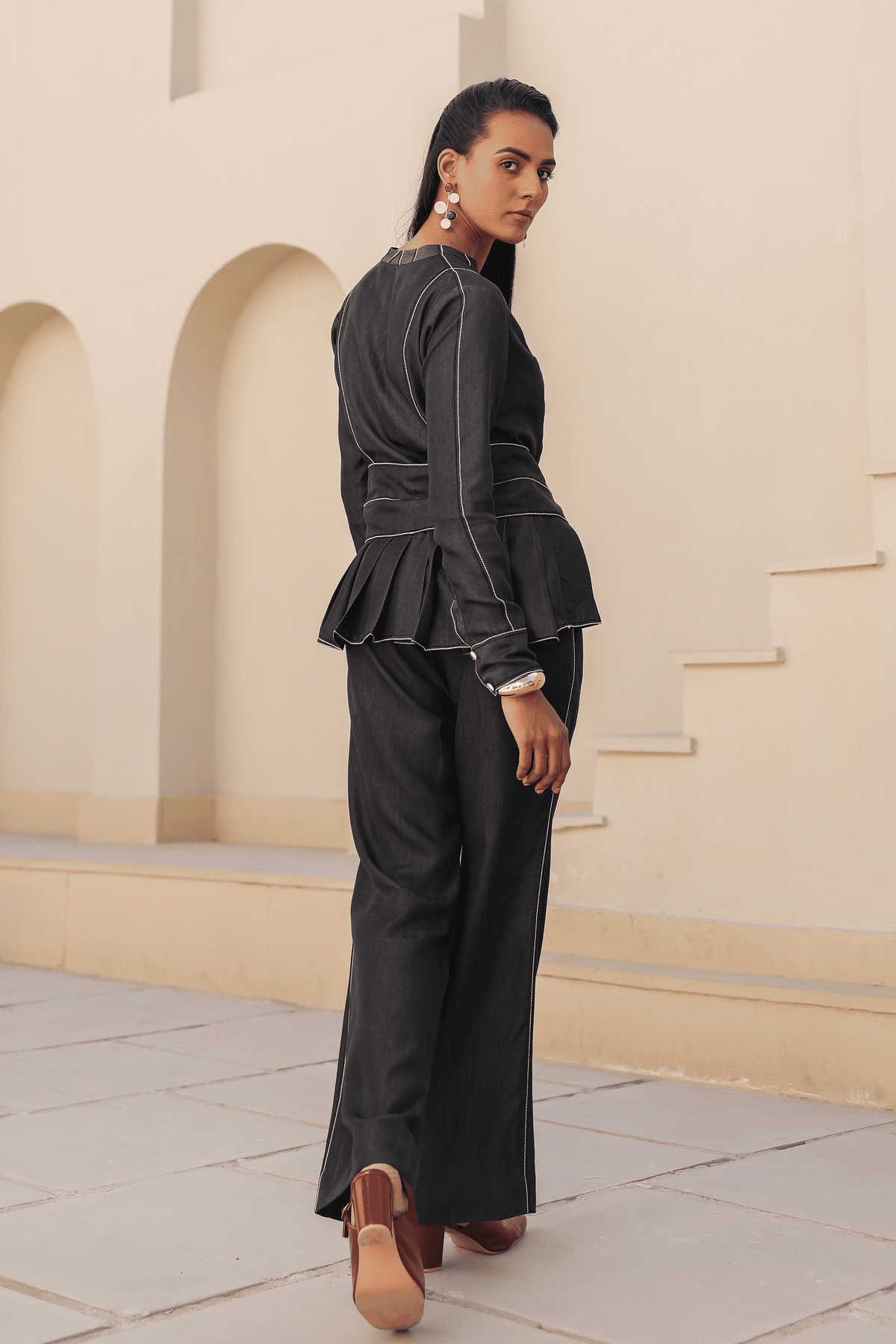 Azure Pleated Peplum Co-ord Set in Black