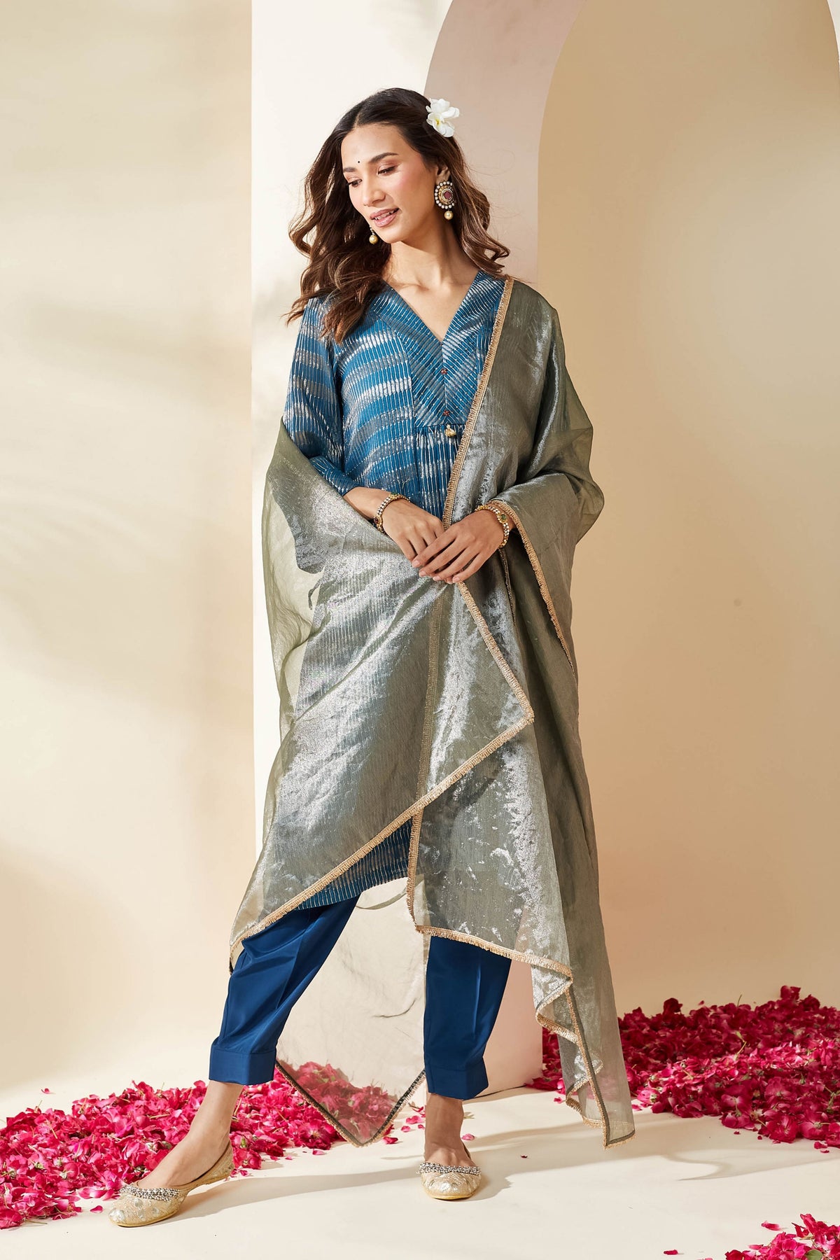 Blue Zari Stripe Kurta Set