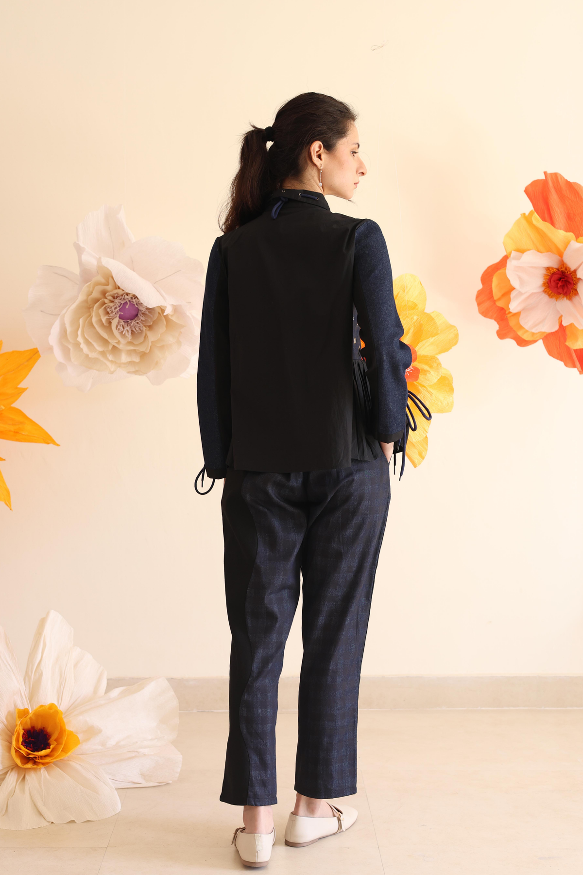 Navy Blue Checkered Flared Pants