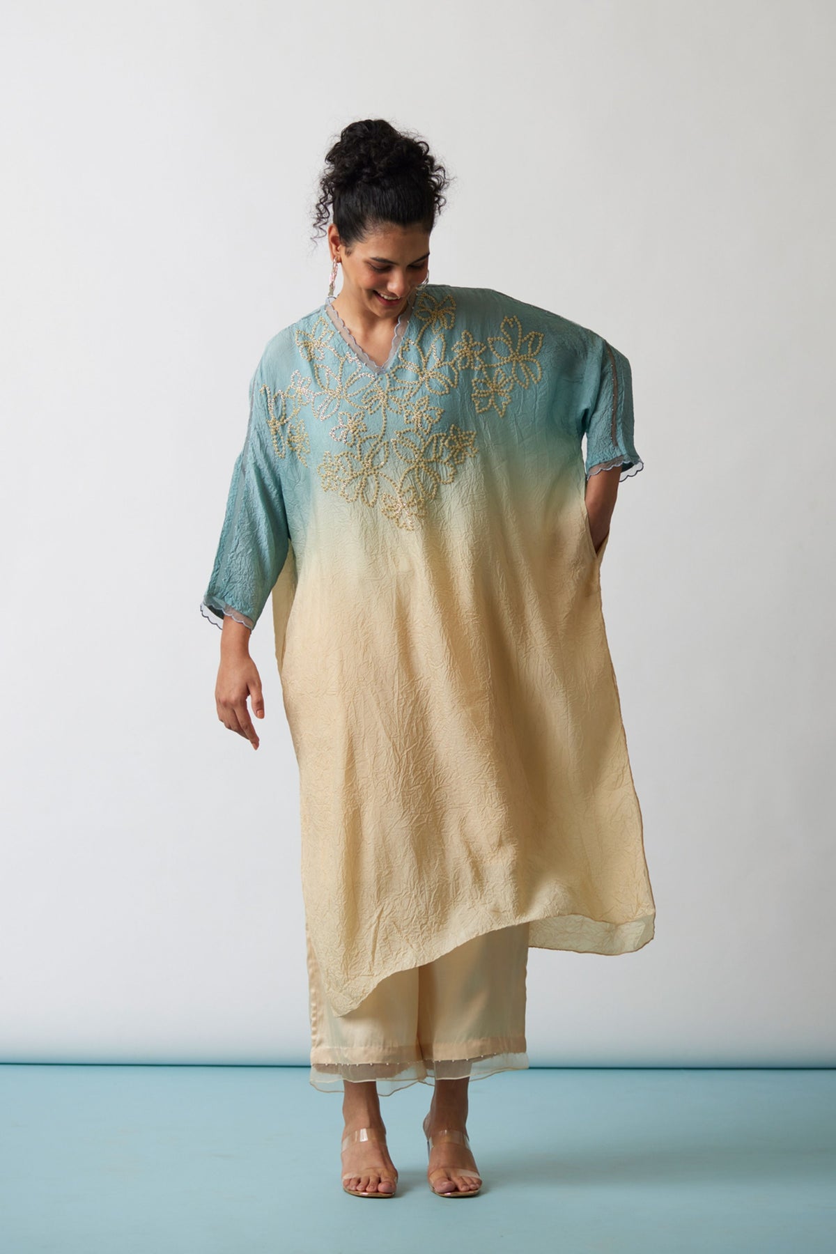 Floral Sequins Crushed Kaftan Set