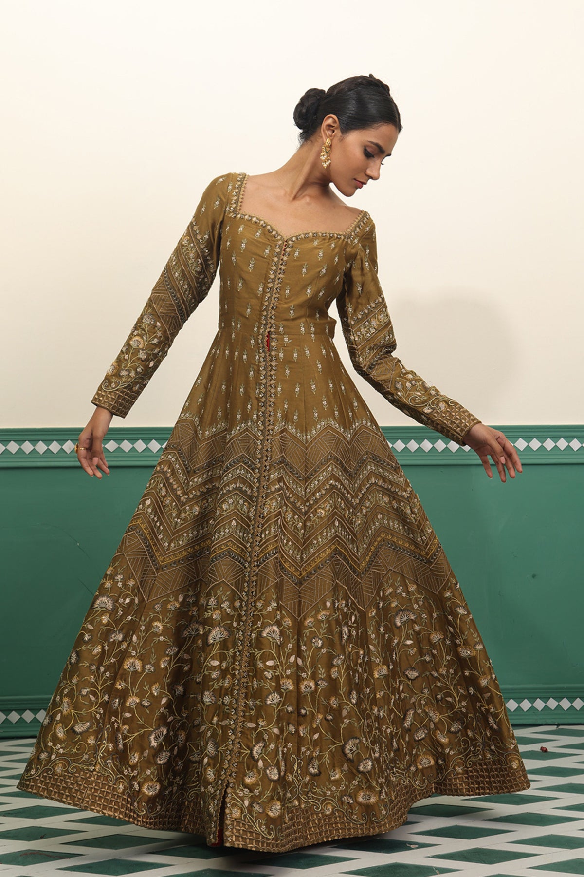 Olive Embroidered Anarkali