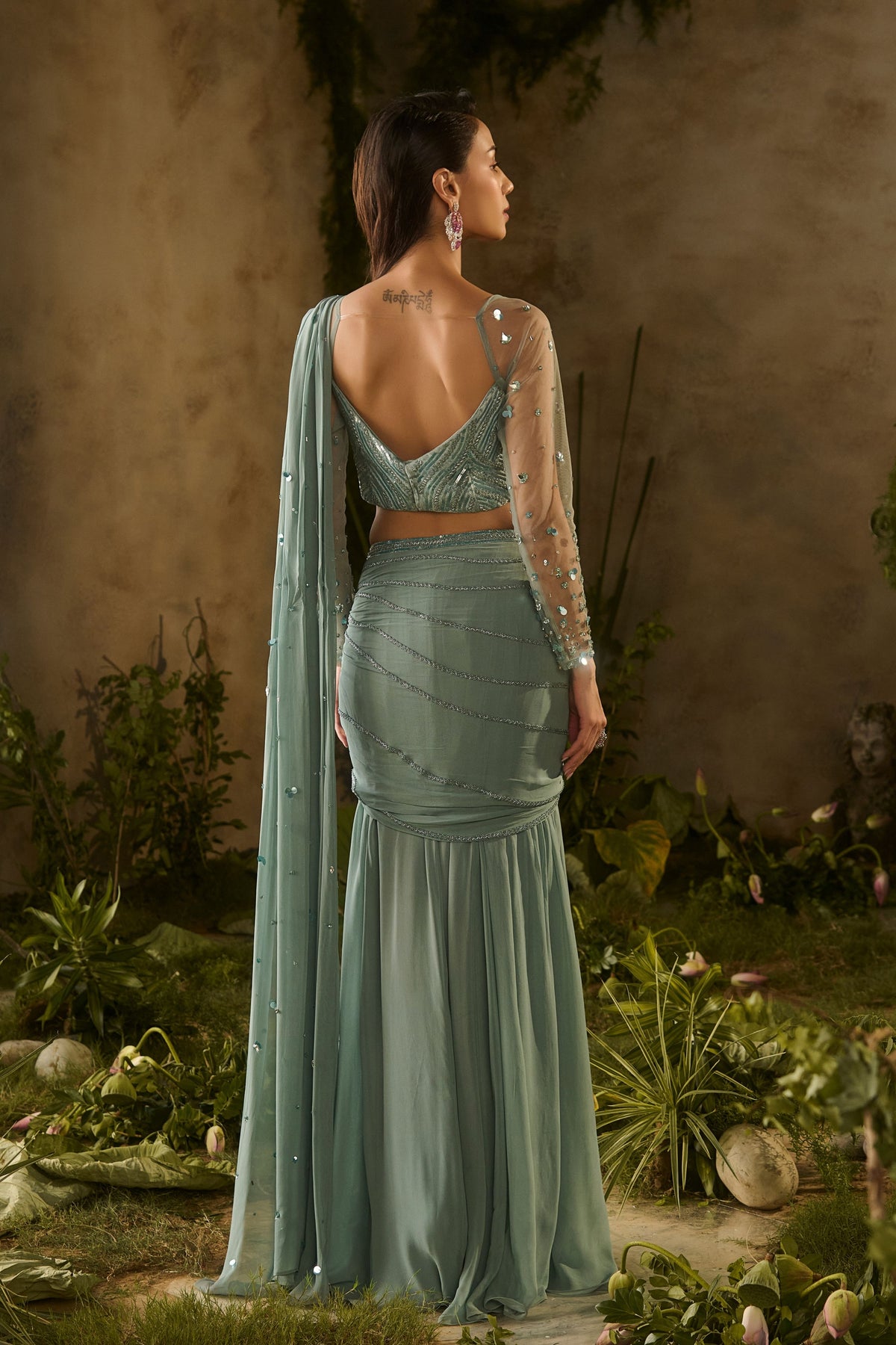 Sea Green Draped Saree Set