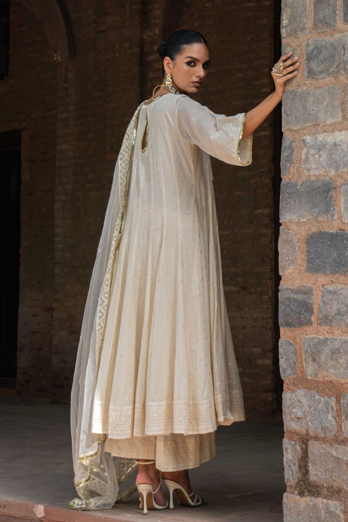 Off White Big Border Anarkali Set