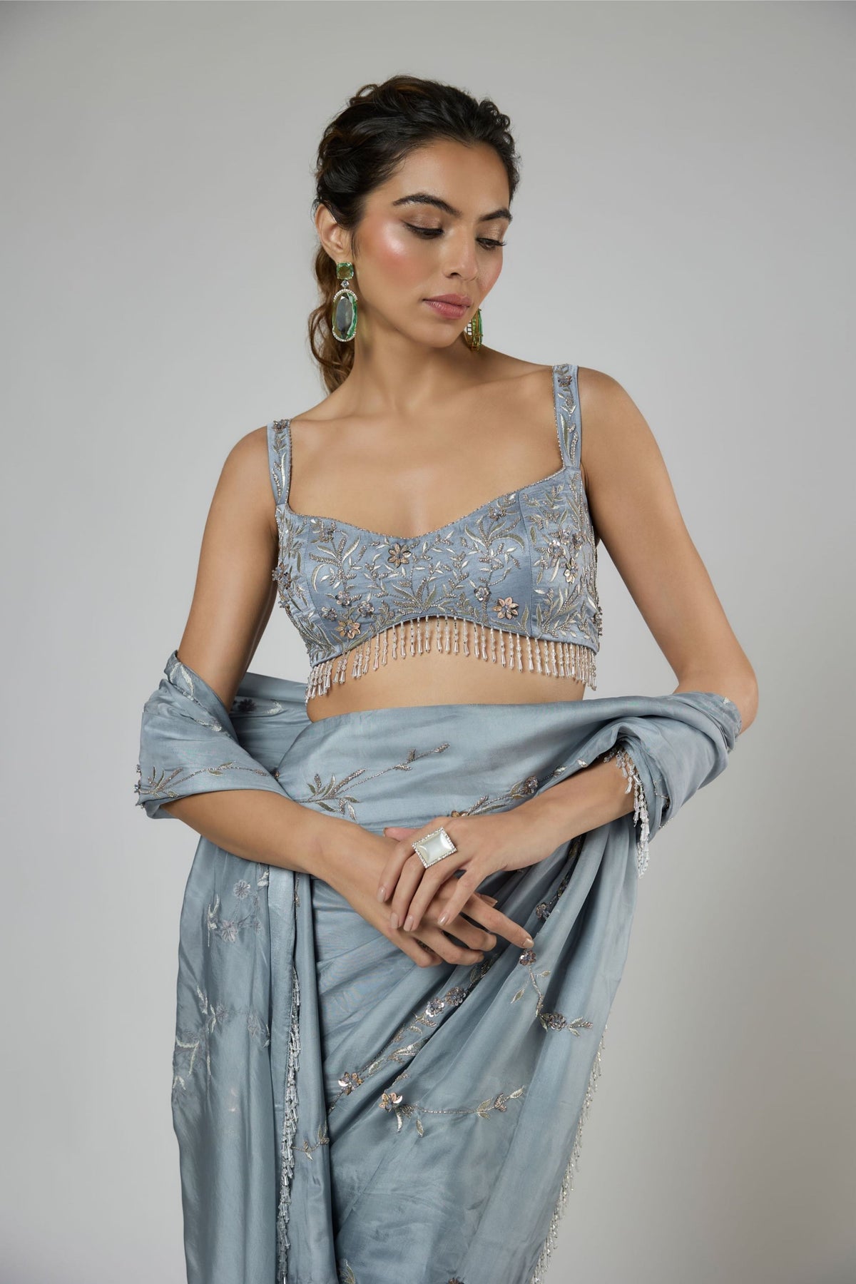 Periwinkle Floral Draped Saree Set