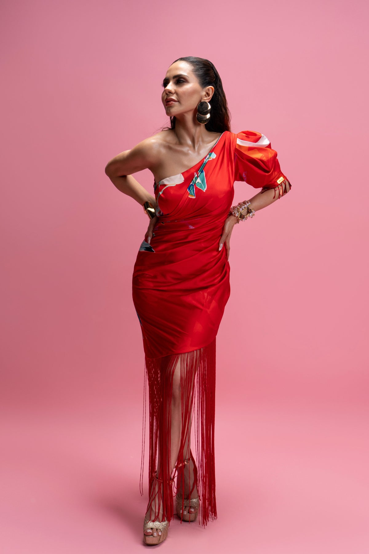 One-Shoulder Draped Midi Dress