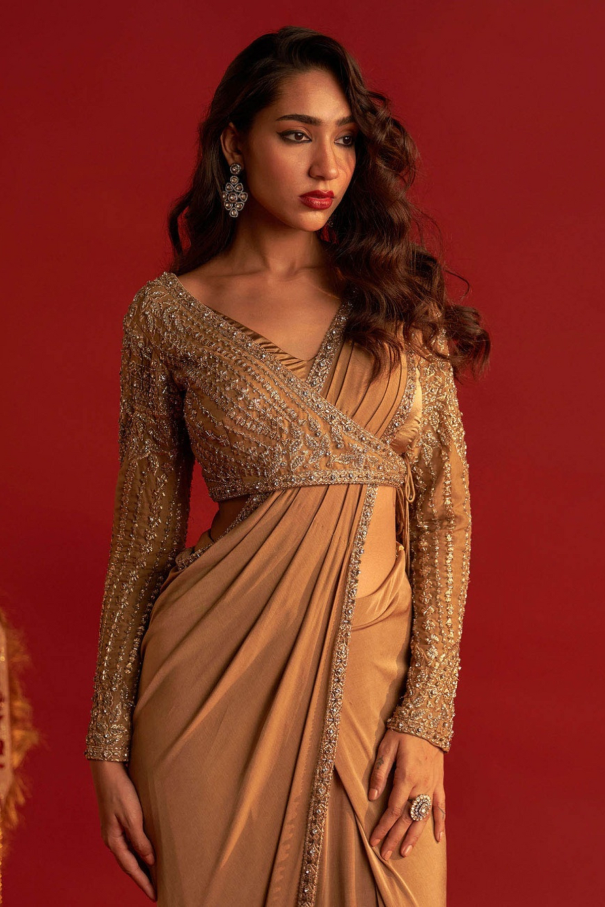 Caramel Gold Pre Stitched Saree