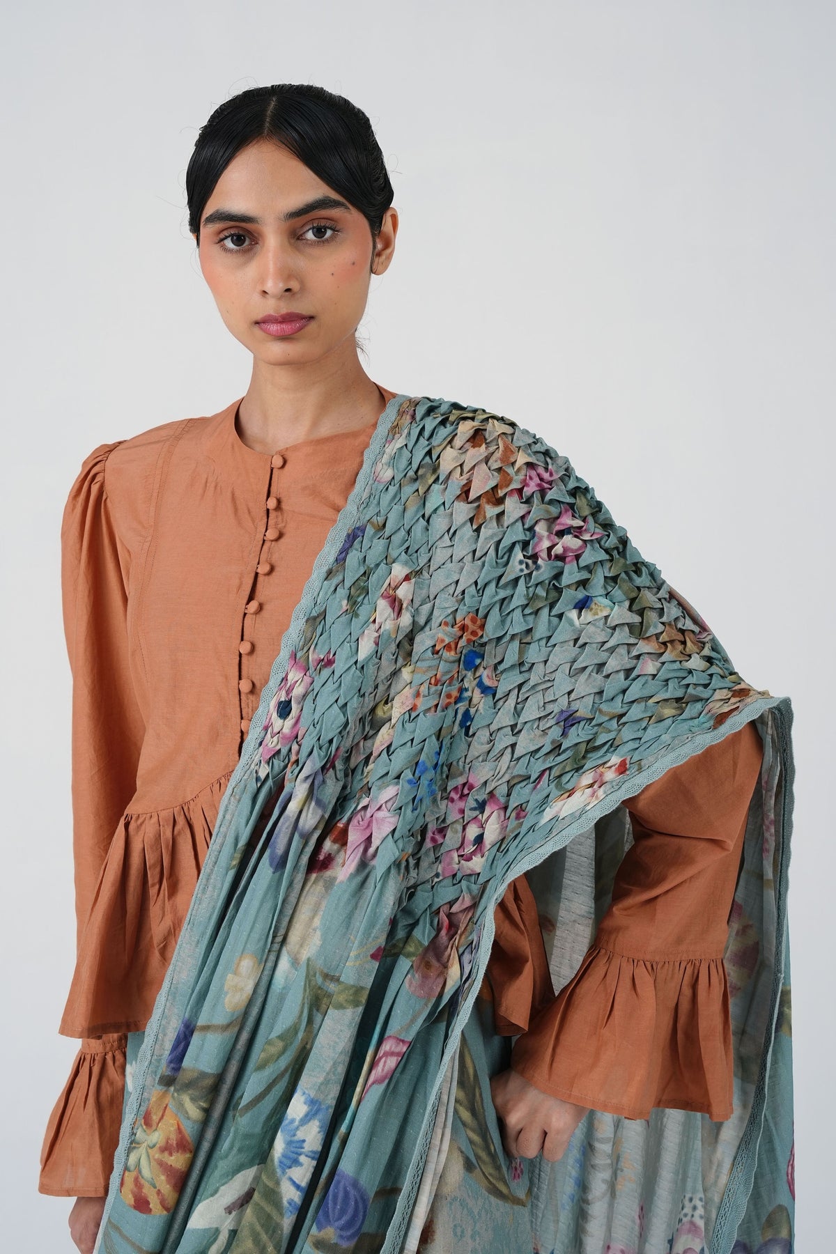 Smocked Blue Floral Saree